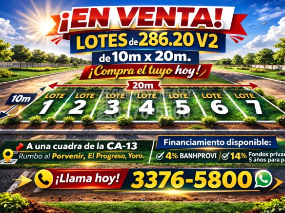 ¡En Venta! Lotes de 286.82 V2 (10m x 20m) con cuotas desde L 6,900 al mes en El Progreso, Yoro